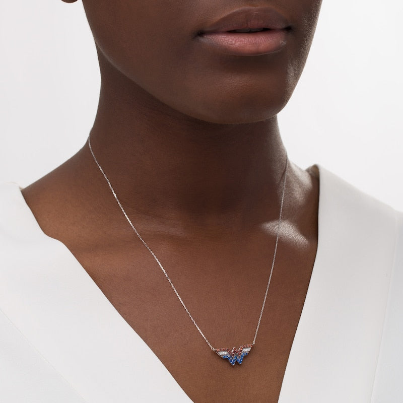 Garnet, Blue Sapphire and 1/20 Diamond CT. T.W. Symbol Necklace in Sterling Silver