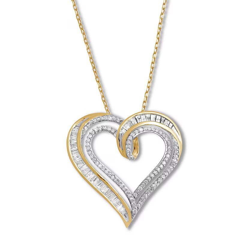 Diamond Heart Necklace 1/2 ct tw Round &amp;#038; Baguette 10K Yellow Gold 18&amp;#8243;
