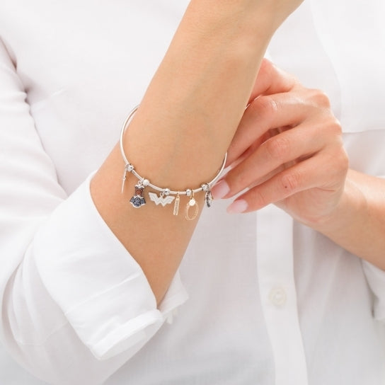 Multi-Gemstone Charm Bangle Bracelet in Sterling Silver and 10K Gold:Multi-Gemstone Charm Bangle Bracelet in Sterling Silver and 10K Gold