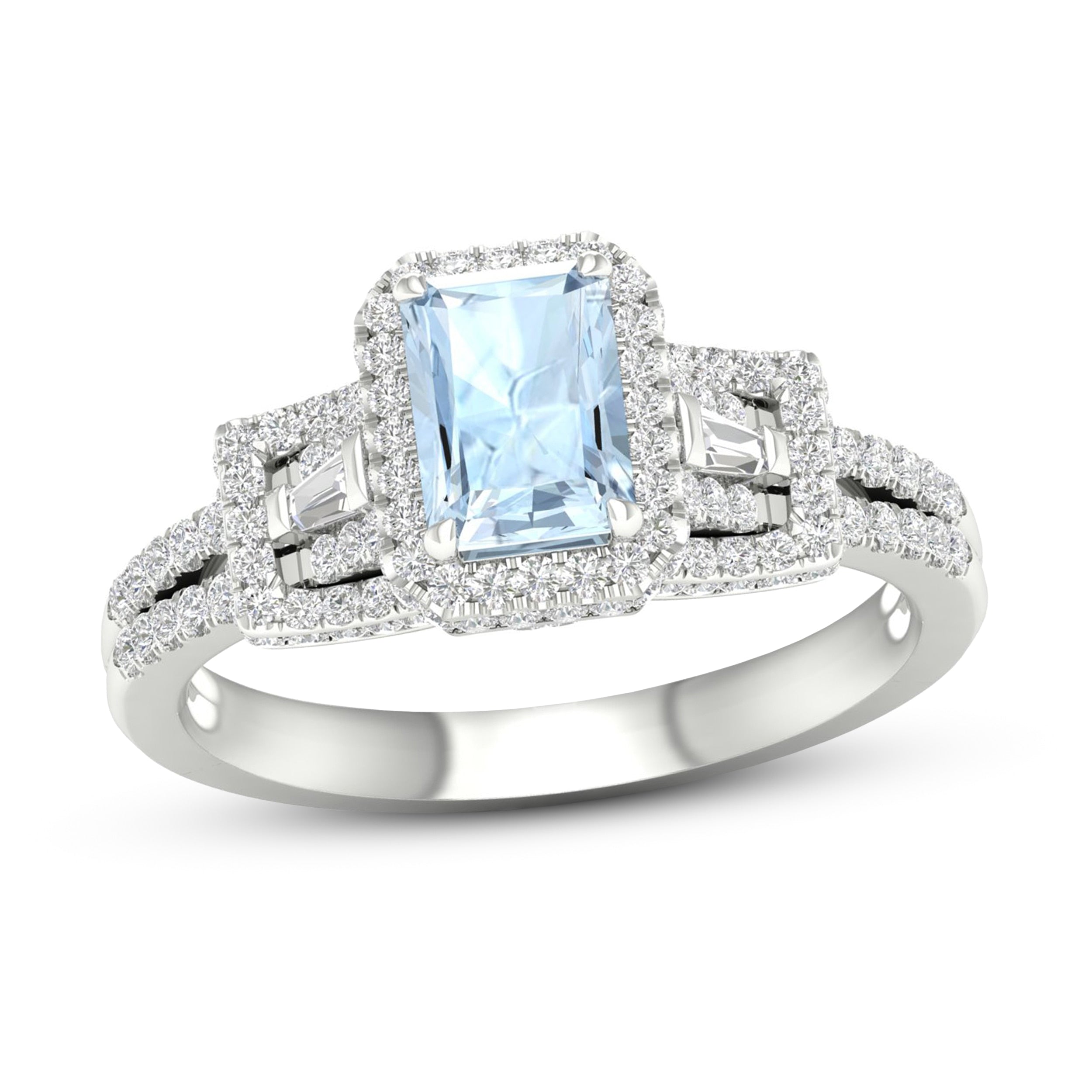 Aquamarine &amp;#038; Diamond Engagement Ring 1/2 ct tw Emerald/Round/Baguette-cut 10K White Gold