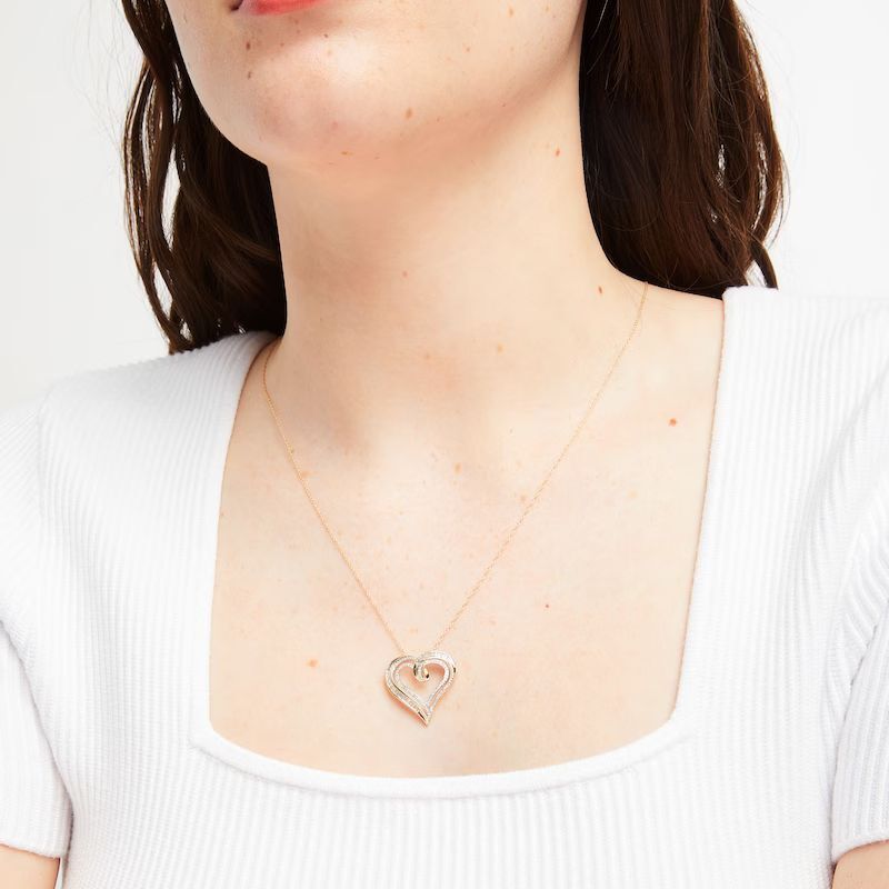 Diamond Heart Necklace 1/2 ct tw Round &amp;#038; Baguette 10K Yellow Gold 18&amp;#8243;