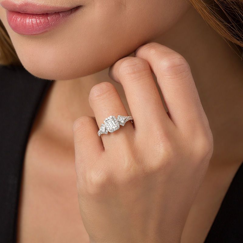 1 CT. T.W. Certified Emerald-Cut Diamond Frame  Ornate Engagement Ring in 14K White Gold (I/I1)