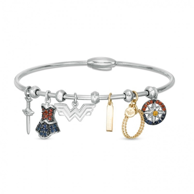 Multi-Gemstone Charm Bangle Bracelet in Sterling Silver and 10K Gold:Multi-Gemstone Charm Bangle Bracelet in Sterling Silver and 10K Gold