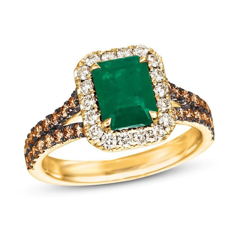 Natural Emerald Ring 3/4 ct tw Diamonds 14K Honey Gold