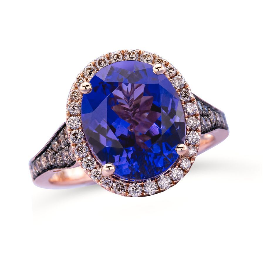 Ring featuring 4 1/2 cts. Blueberry Tanzanite , 1/3 cts. Chocolate Diamonds , 3/8 cts. Nude Diamonds  set in 14K Strawberry Gold
