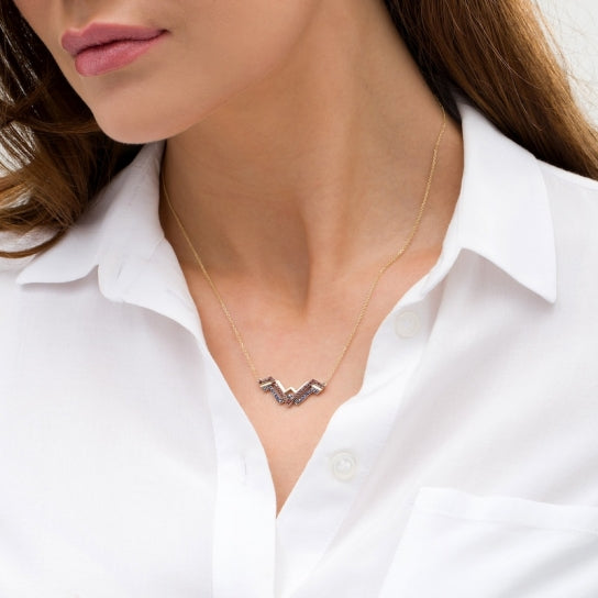 Garnet and Blue Sapphire Symbol Necklace in Sterling Silver and 10K Gold:Garnet and Blue Sapphire Symbol Necklace in Sterling Silver and 10K Gold