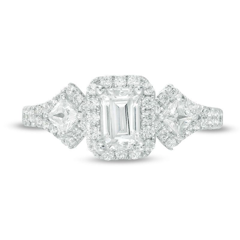 1 CT. T.W. Certified Emerald-Cut Diamond Frame  Ornate Engagement Ring in 14K White Gold (I/I1)