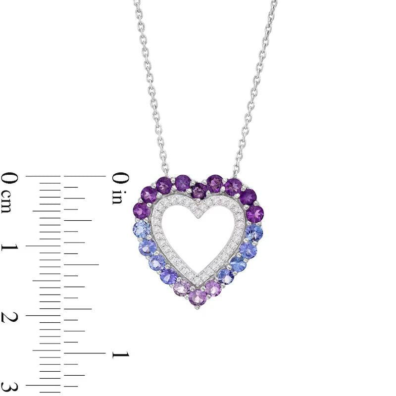 Vibrant Shades Amethyst, Tanzanite, White Sapphire Heart Necklace Sterling Silver 18&amp;#8243;