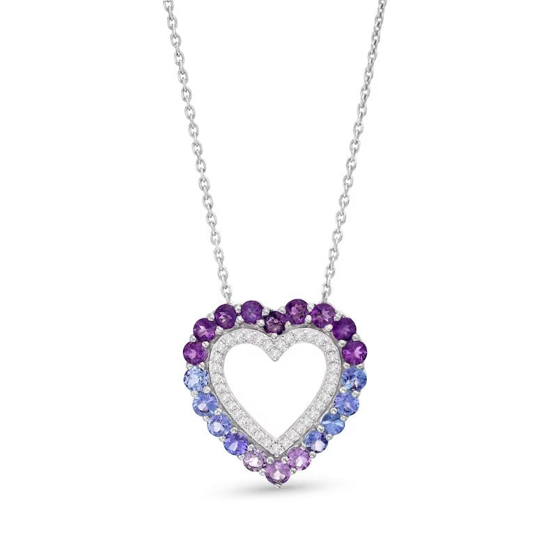 Vibrant Shades Amethyst, Tanzanite, White Sapphire Heart Necklace Sterling Silver 18&amp;#8243;