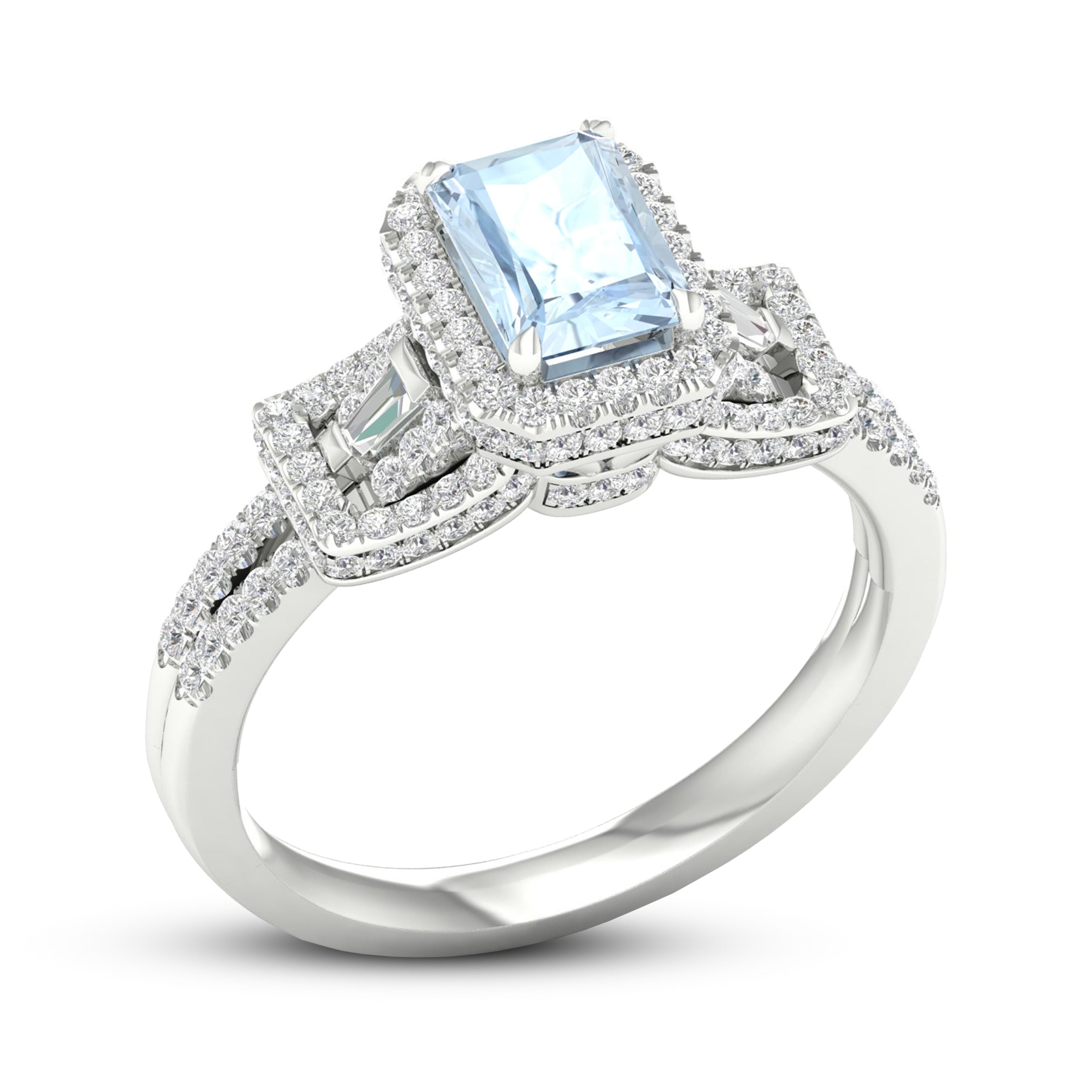 Aquamarine &amp;#038; Diamond Engagement Ring 1/2 ct tw Emerald/Round/Baguette-cut 10K White Gold