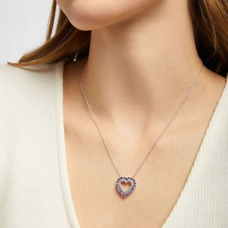 Vibrant Shades Amethyst, Tanzanite, White Sapphire Heart Necklace Sterling Silver 18&amp;#8243;